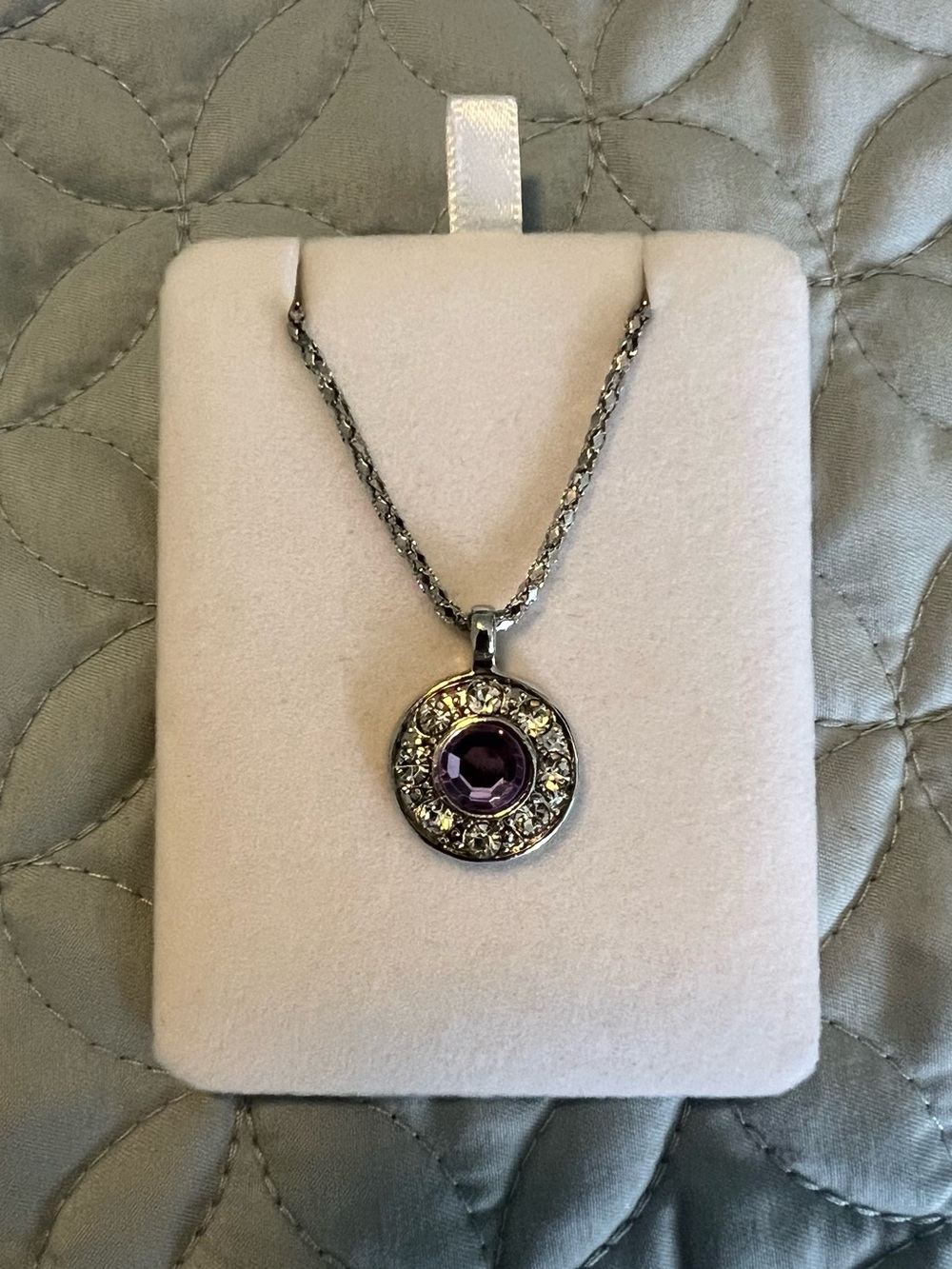 Silver-Tone Necklace with Purple Crystal Pendant, 16” chain